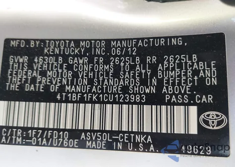 2012 Toyota Camry Le z USA, uszkodzony, nr VIN 4T1BF1FK1CU123983